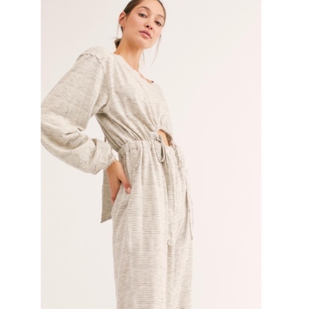 Free People This Is Your Sunday Striped Cutout Jumpsuit Size S Grey/White